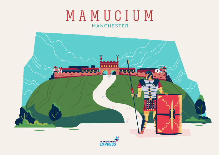 Illustration of Mamucium fort with a Roman soldier, depicting a Northern UK city name explained and illustrated.