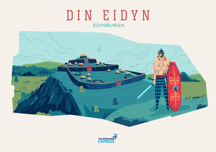 Illustration explaining Northern UK city names featuring Edinburgh with a historic fortress and Viking warrior.
