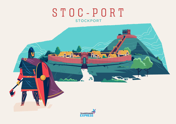 Illustration of Stockport with a historic hillfort and a warrior, highlighting Northern UK city names explained.