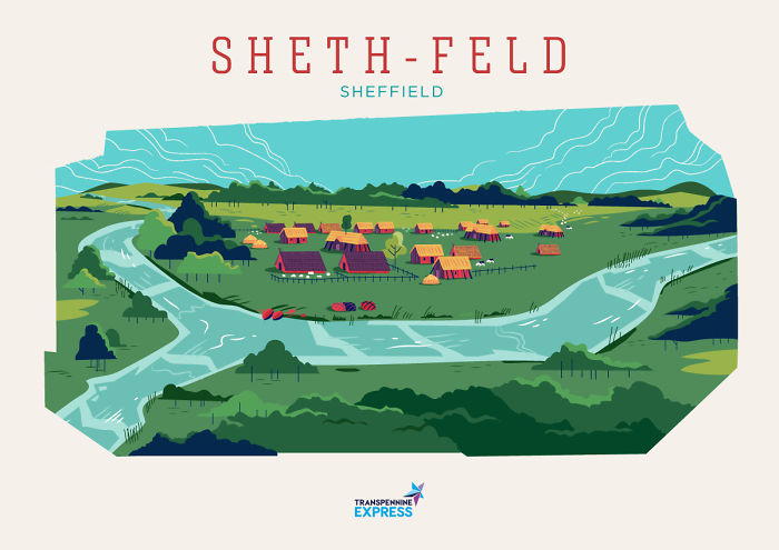 Illustration of Sheffield with historic village and rivers, part of 10 Northern UK city names explained and illustrated series.