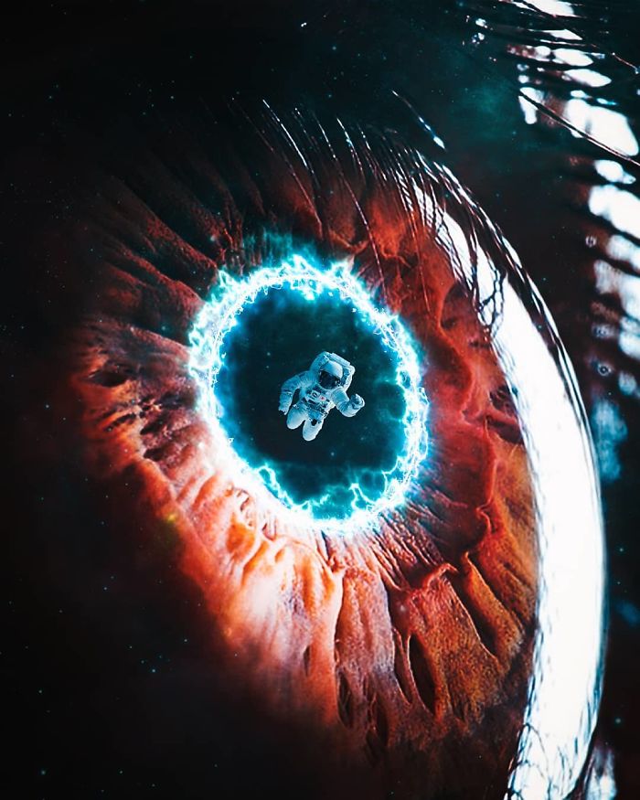 Astronaut floating in a surreal visual metaphor of an eye iris with dreamlike atmosphere.