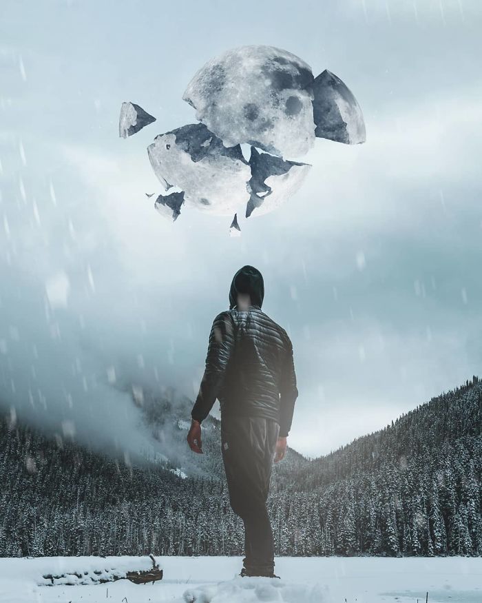Person in snowy landscape gazing at a fragmented moon, creating a surreal, dreamlike atmosphere.