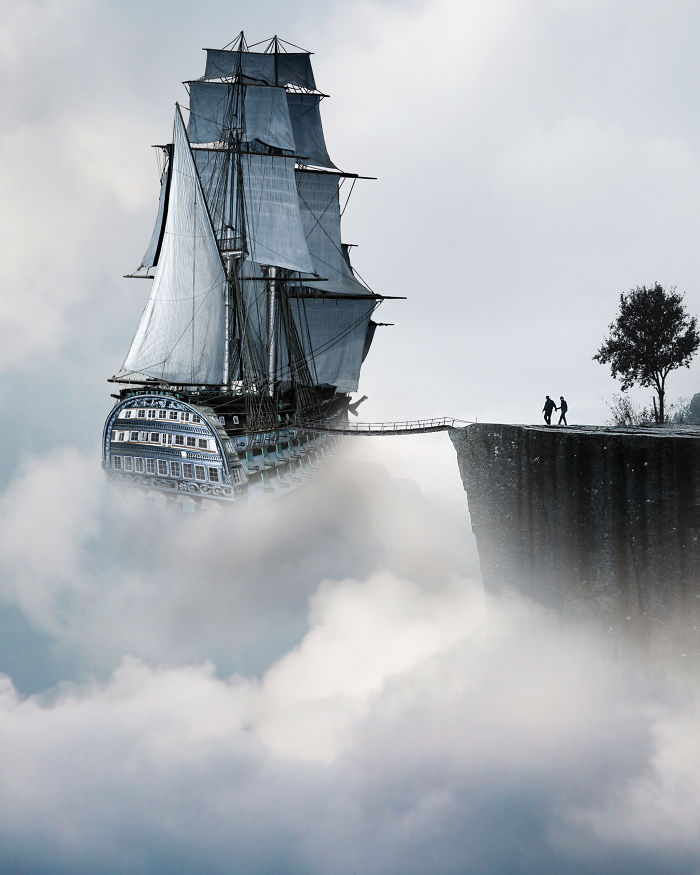 Surreal photo: ship sailing into sky from cliff, creating a dreamlike atmosphere with visual metaphors.