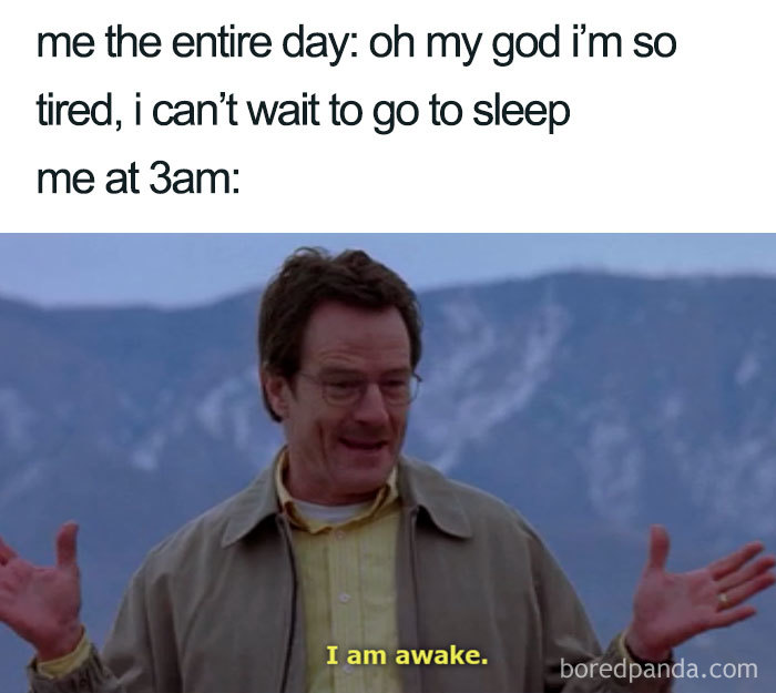 Person in a meme joking about being tired all day but wide awake at 3am, embodying the funny sleeping theme.
