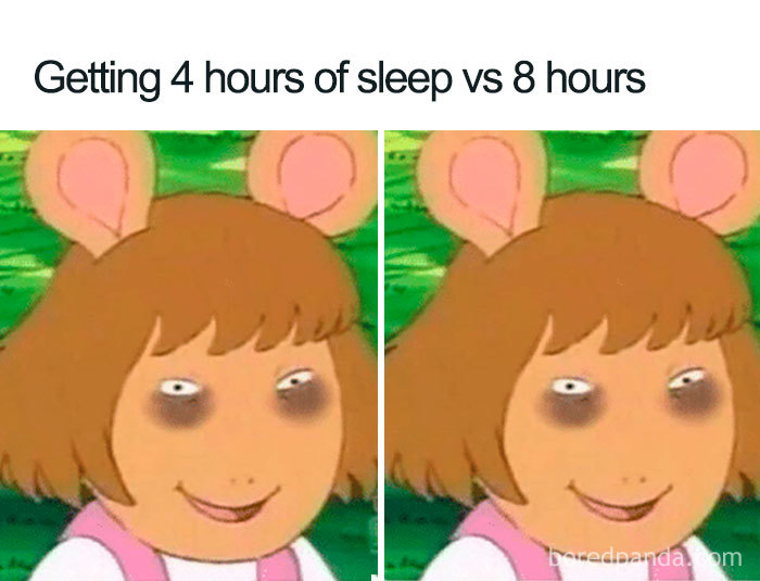 Cartoon character with tired eyes showing difference between 4 hours and 8 hours of sleep in funny sleeping memes.