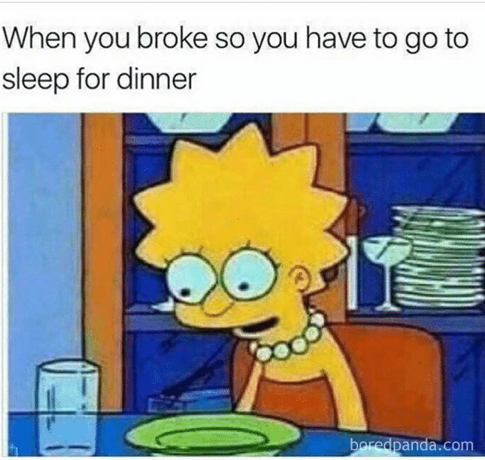 Lisa Simpson sitting at a table with an empty plate and glass, illustrating a funny sleeping meme about being broke at dinner.