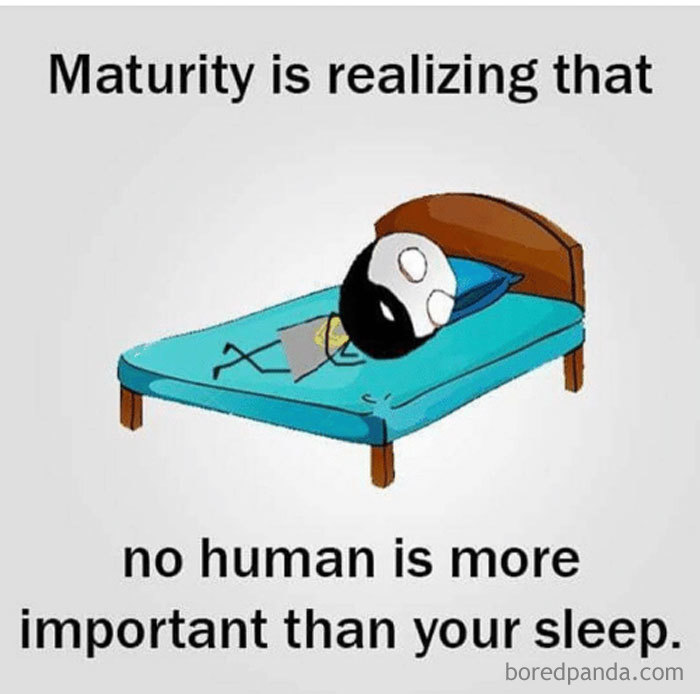 Cartoon character sleeping peacefully in bed, highlighting the importance of sleep with funny sleeping memes.