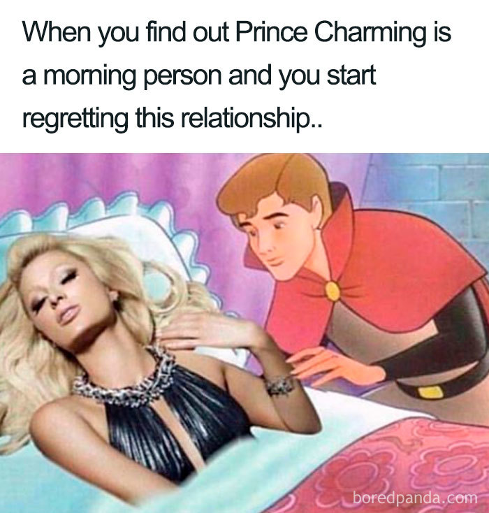 Humorous sleeping meme showing a woman lying awake while Prince Charming leans over in a humorous bedtime scene.