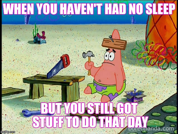 Patrick Star in a funny sleeping meme, looking tired with a nail in his head, struggling to stay awake and work.