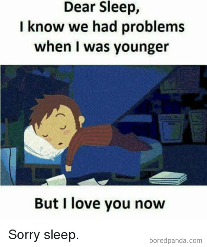 Sleeping meme showing a child peacefully sleeping in bed with text about love and problems with sleep growing up.