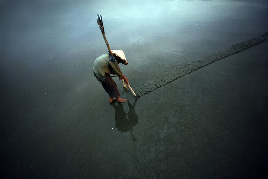An Old Lady Is Looking For Clams On The Coast