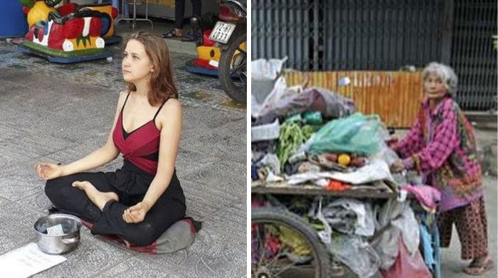 Saw This Foreigner Begging To Travel To Thailand Next To An Elderly Woman Who Is Collecting Junk In Order To Resale To Survive