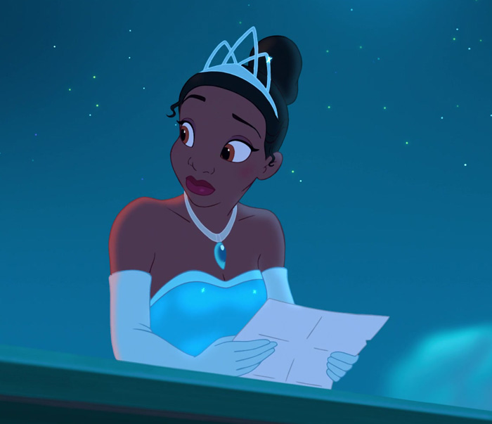 Tiana on the balcony wearing blue dress and a crown, holding a note