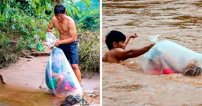 Schoolkids In Vietnam Village Ferried Across River In Plastic Bags To Get To School