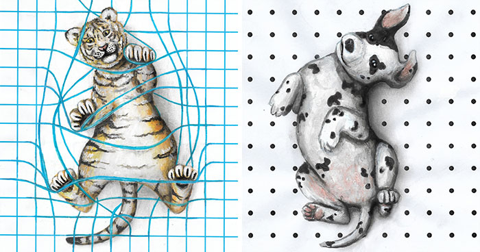 My 8 Animal Drawings On Lined, Dotted, And Graph Paper Are Made To Look Like They Are ‘Playing’ On The Page