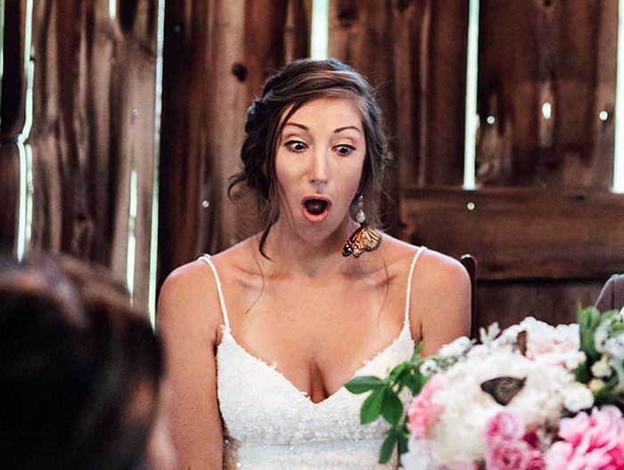 Bride in white dress with a butterfly on her shoulder during a wedding honoring groom's family and sister who died. Bride in white dress with a butterfly on her shoulder during a wedding honoring groom's family and sister who died.