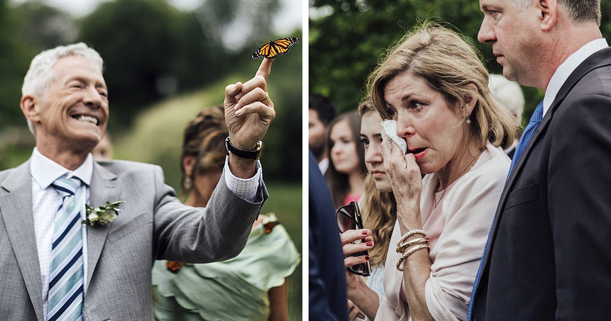 Elderly man smiles as butterfly lands on his hand while emotional family members watch during wedding tribute ceremony