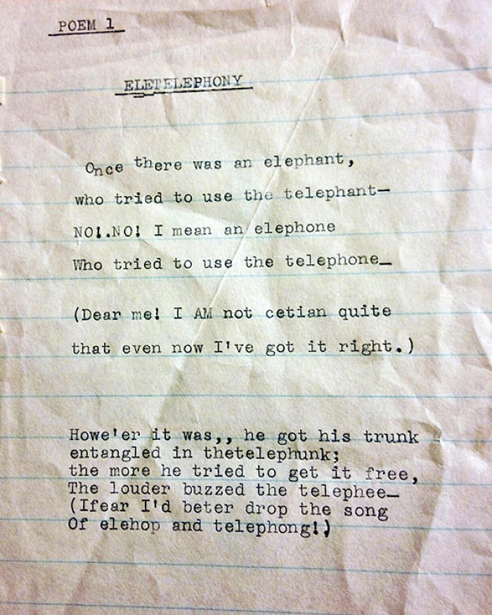 Crumpled typed poem page about an elephant discovered inside second-hand books