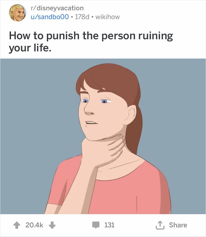 Hand squeezing woman's neck, illustrating an out of context WikiHow caption in a humorous way.