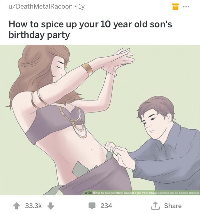 Woman dancing as a man places paper money behind her skirt, showcasing an out of context WikiHow situation.