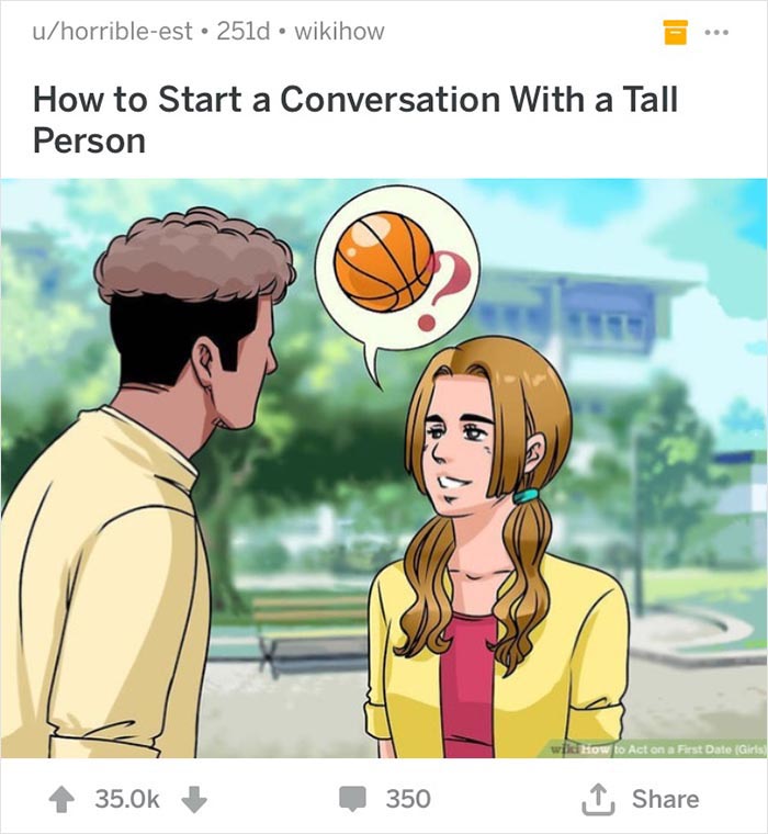Woman talking to a tall man about basketball, referencing out of context WikiHow captions.