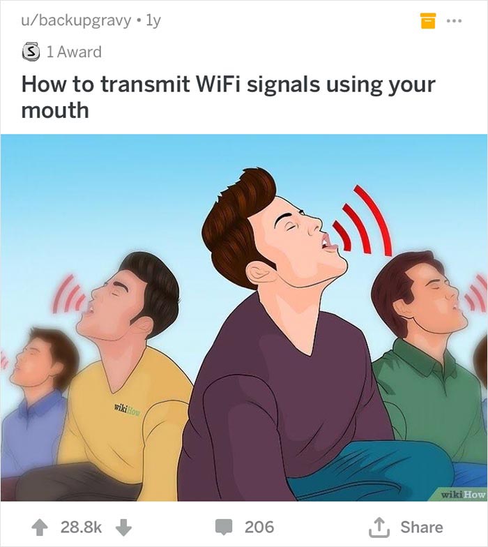 Four young men in a humorous WikiHow illustration transmitting Wi-Fi signals with their mouths.