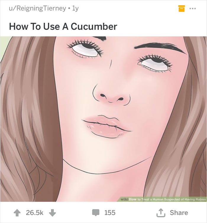 Woman looking up with a humorous expression, related to out of context WikiHow captions.