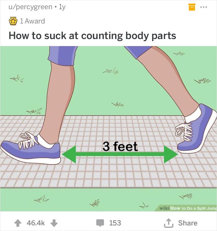 Legs taking a three-foot step illustrated in a humorous WikiHow drawing.
