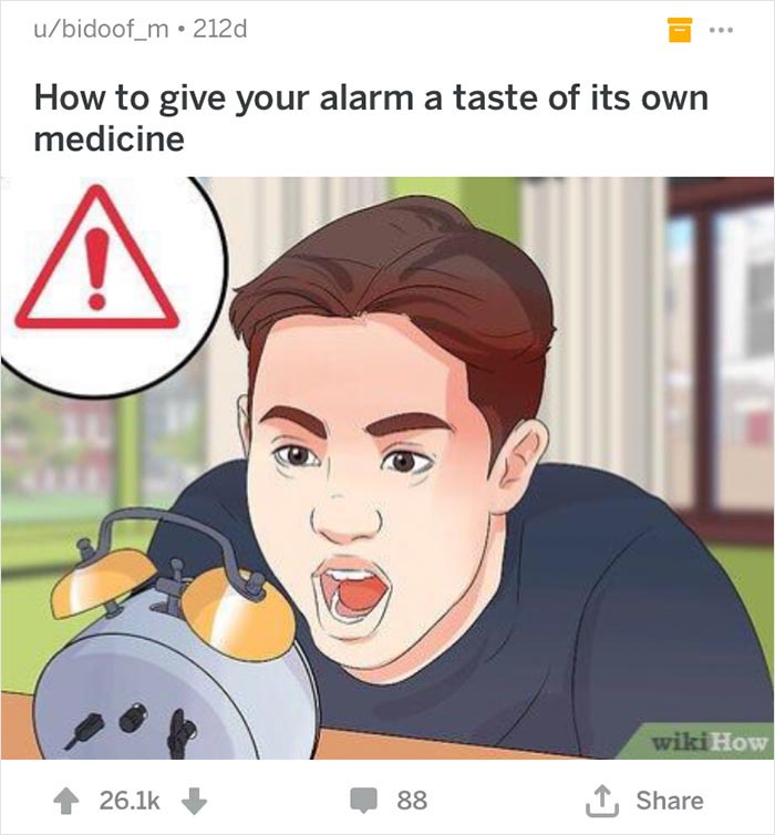 Young man shouting at alarm clock, showcasing out of context WikiHow humor.