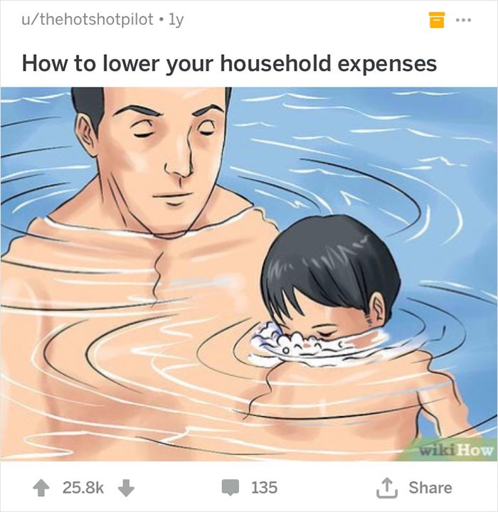 Man and child swimming in a pool, illustrating a humorous out-of-context WikiHow caption.