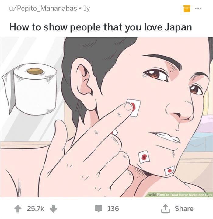 Man applying toilet paper pieces to cover razor cuts on face, humorous out-of-context WikiHow moment.