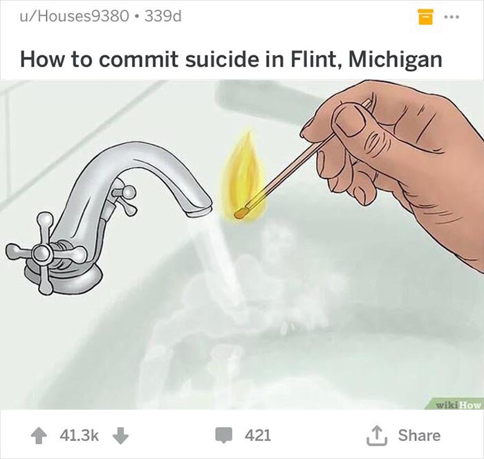 A hand places a lit match into flowing tap water, showcasing an out-of-context WikiHow moment.