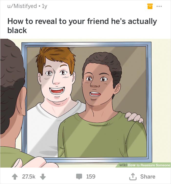 Out of Context WikiHow: Black man and white man looking into a square mirror.