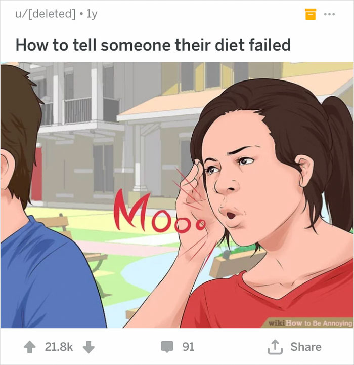 Woman in red shirt saying "Mooo" in an out of context WikiHow illustration.