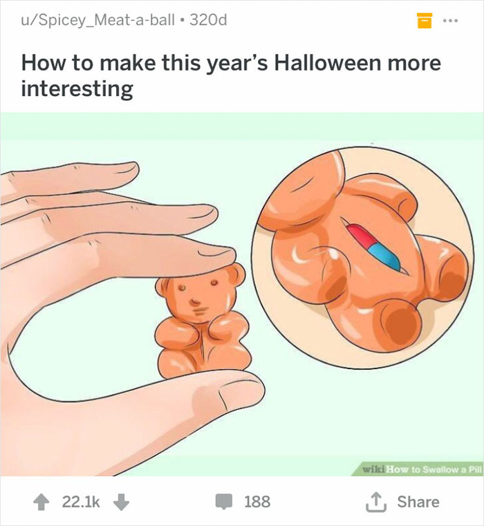 Hand inserting a pill into an orange gummy bear, out of context WikiHow illustration.