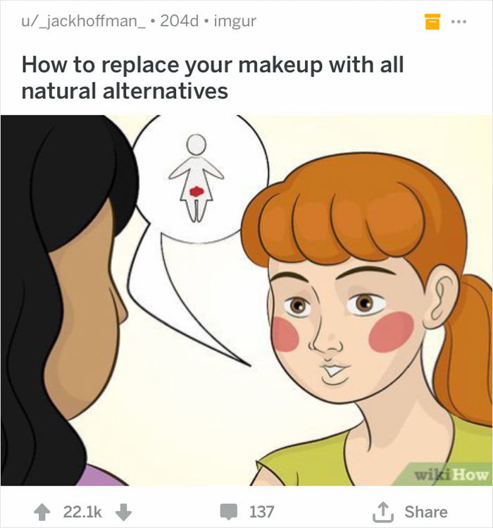 Two women talking, one with red makeup from period blood, depicting an out of context WikiHow caption.