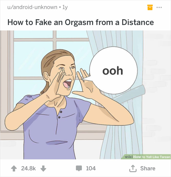 Woman in a purple shirt shouting "Ooh" near a window; humorous out-of-context WikiHow illustration.