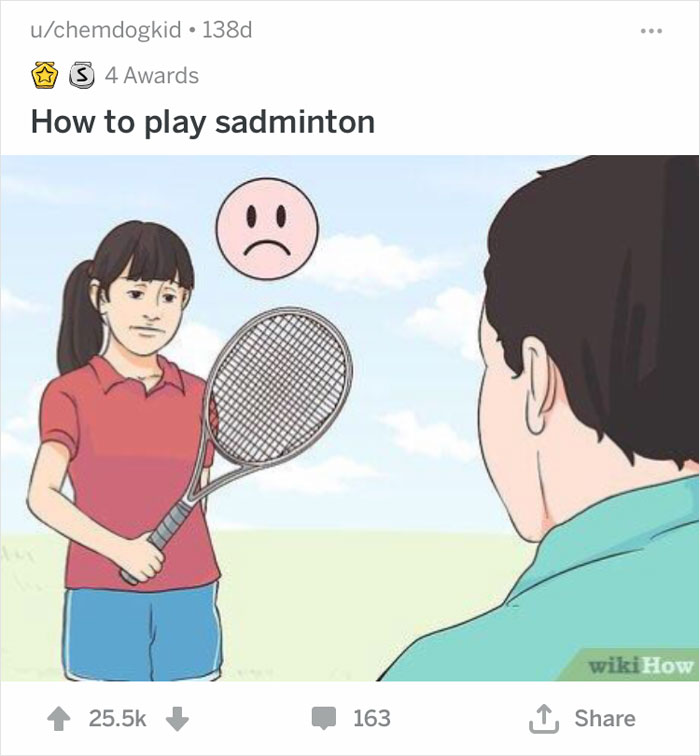 Couple playing badminton with sad smiley face instead of shuttlecock, creating a humorous out-of-context scene.