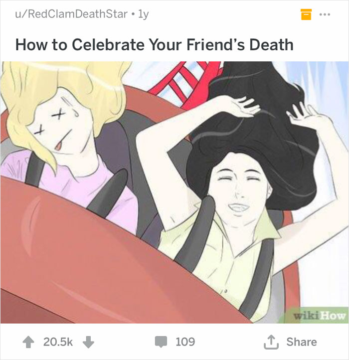 Two women on a rollercoaster, one enjoying the ride, the other appears lifeless; an out-of-context WikiHow illustration.
