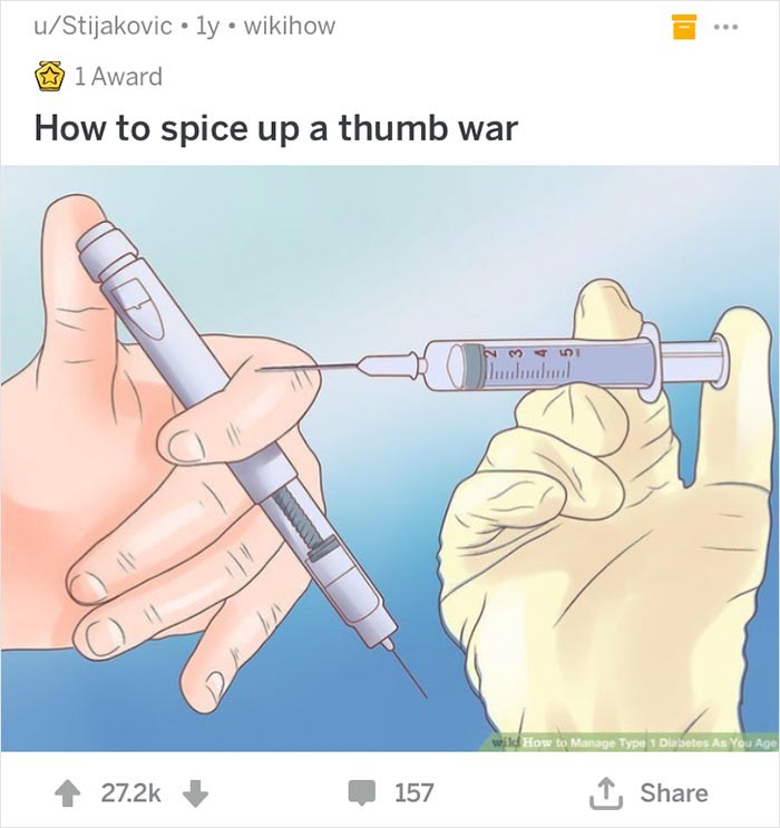 A gloved hand injects a finger with a syringe, paired with a humorous Wikihow caption.