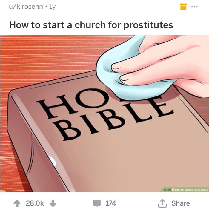 Hand wiping dust from Holy Bible cover, humorous out-of-context caption related to church creation.