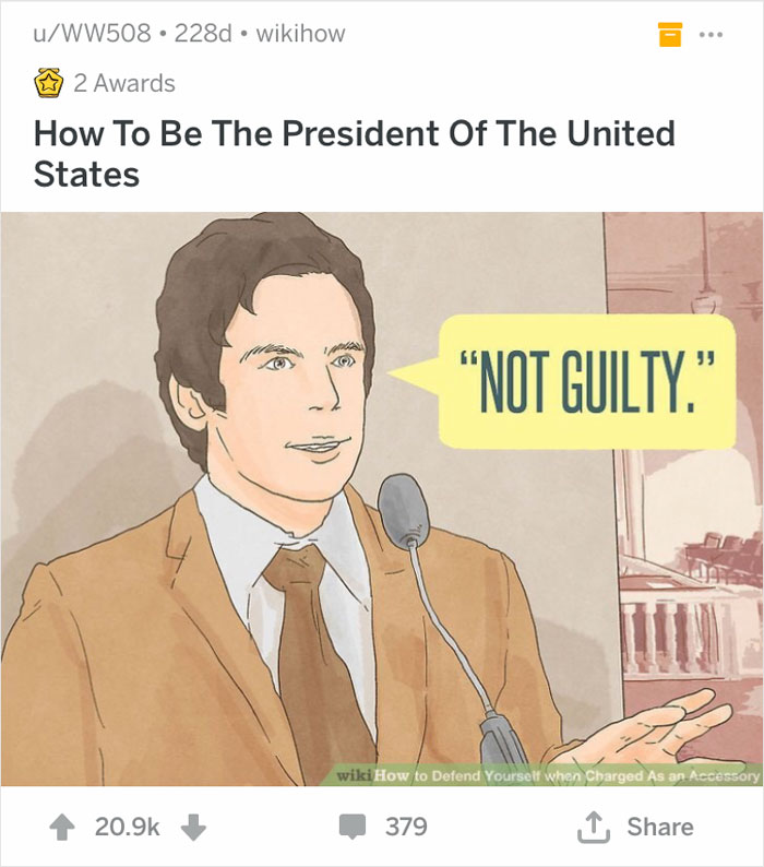 A man in a brown suit at a microphone saying "Not guilty" from a WikiHow article, creating a humorous out-of-context scene.