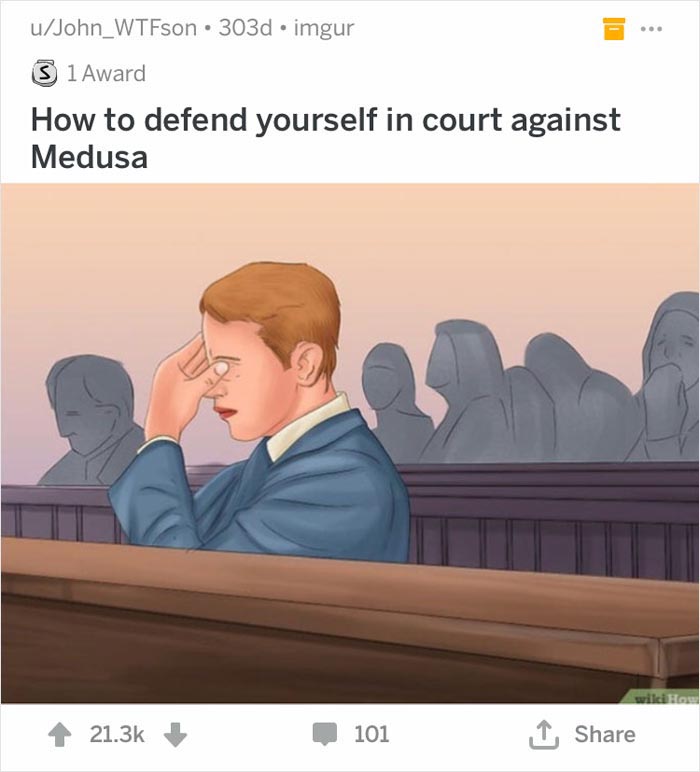 Man in blue suit sitting in court with his eyes covered, illustrating out of context WikiHow scene.