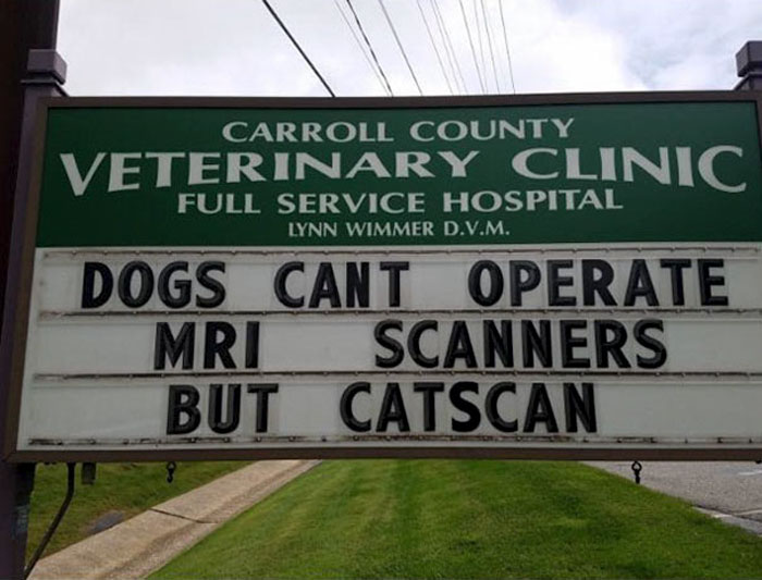 Veterinary clinic sign displaying a funny cat joke about dogs, MRI scanners, and catscan at a vet clinic.