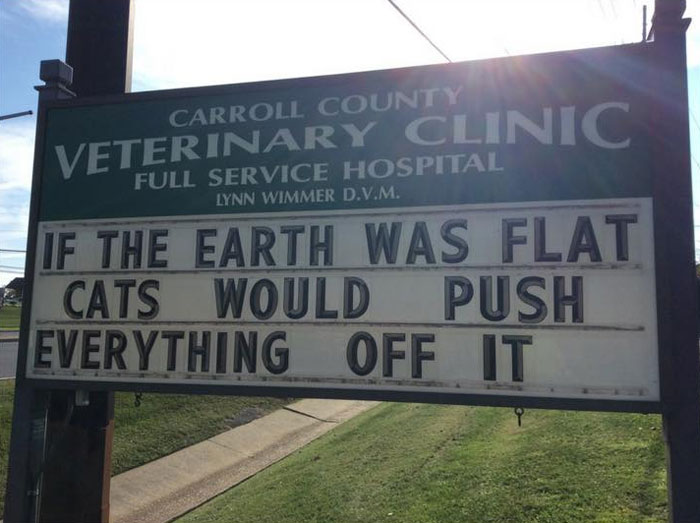Vet clinic sign with a funny cat joke about cats pushing everything off if the Earth was flat.