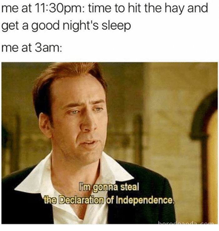 Man looking confused at 3am with caption about stealing Declaration of Independence in funny sleeping memes.
