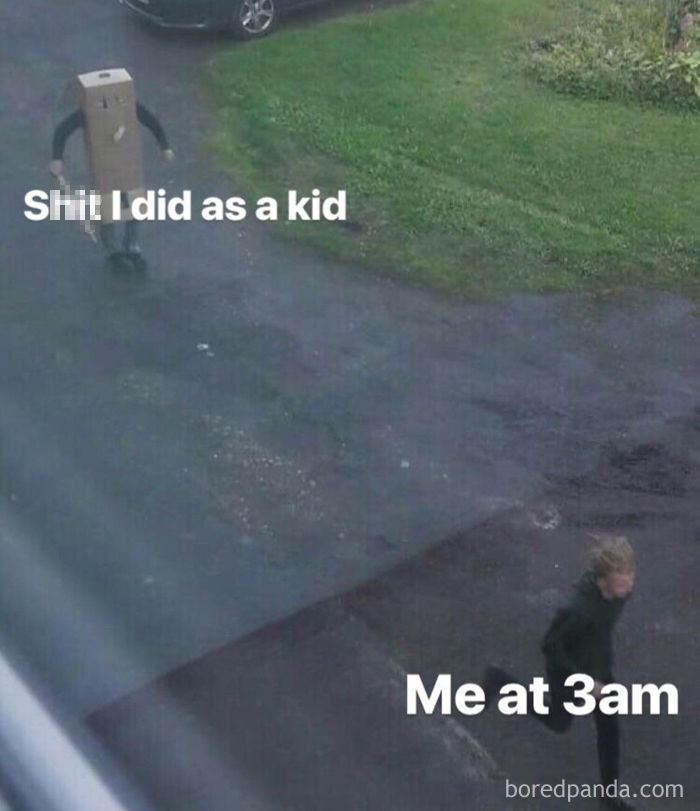 Child wearing a box on their head walking in a driveway, paired with a person running outside in a funny sleeping meme.
