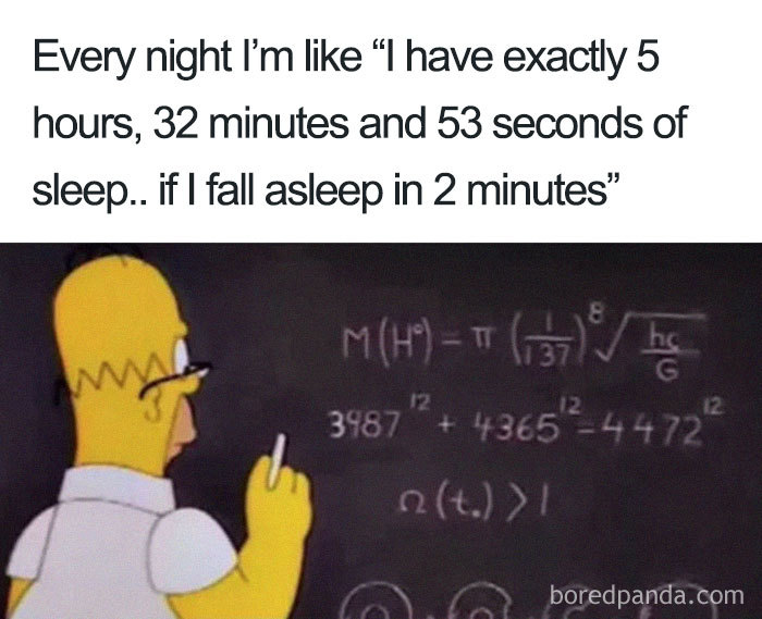 Cartoon character calculating sleep time, humorously depicted as a meme.