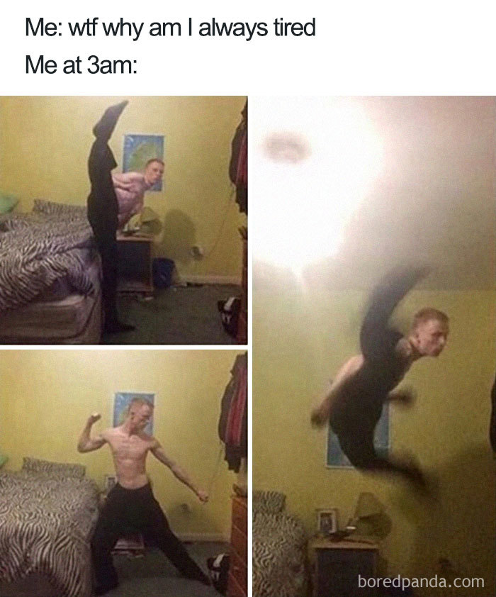 A man humorously posing and jumping in a room, illustrating the funniest sleeping memes about being tired at 3am.