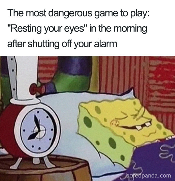 Cartoon character smiling in bed, alarm clock showing time, funny sleeping meme joke about morning eye rest.